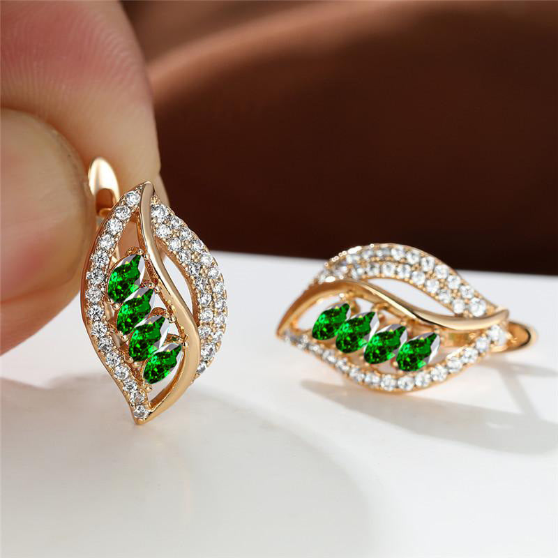Green Empty Female Champagne Gold Four Diamond Leaf Micro High Stud Earrings