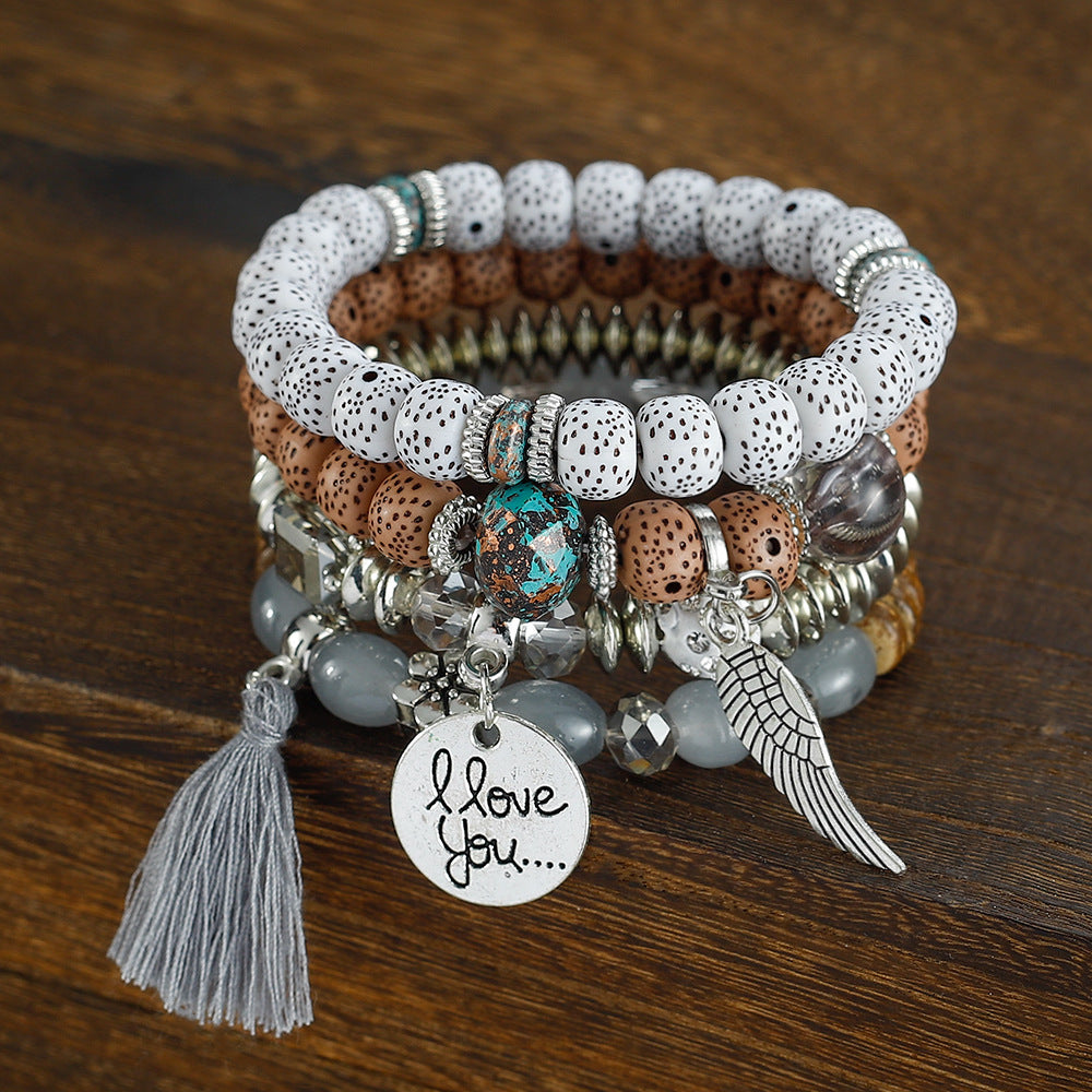 Combination Buddha Beads Simple Disc Heart Wings Tassel Bracelet