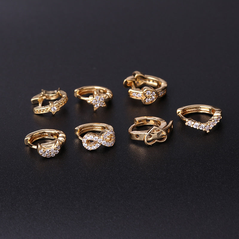 Korean Style Fashion Mini Zircon Small Piercing Star Moon Asymmetric Stud Earrings