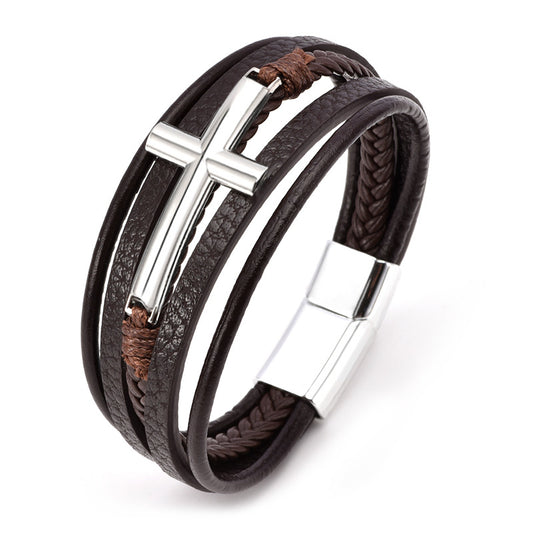 Men's Cross Leather Rope Braided Stainless Steel Bracelets