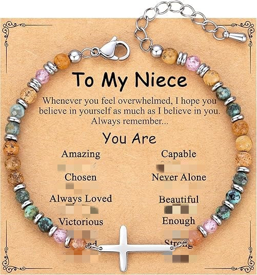 Women's Natural Stone Beaded Cross Lobster Buckle Adjustable Band Bracelet