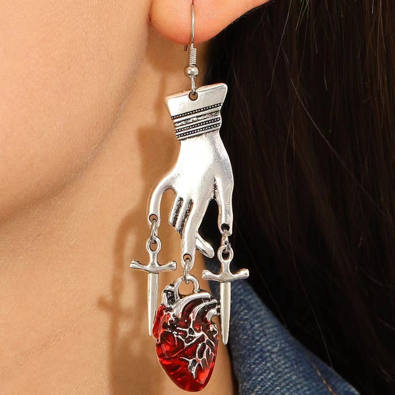 Exaggerated Halloween Gothic Horror Skull Heart Earrings