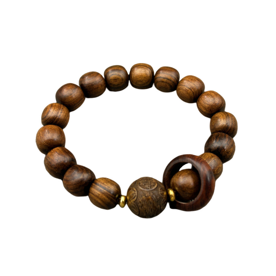 Women's & Men's Sandalwood Carving Beads Lettering Flexible Black Bracelet