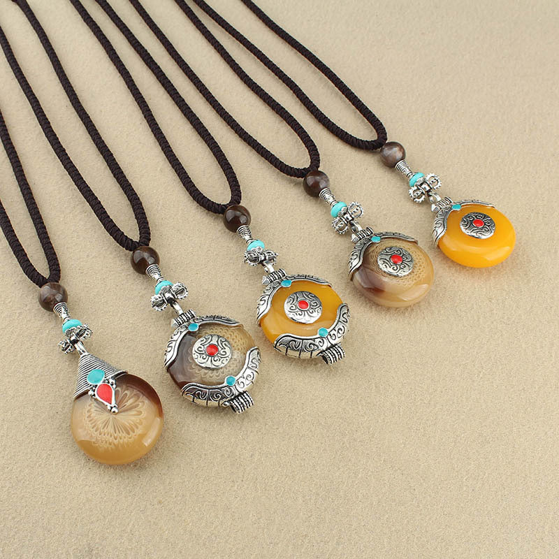 Women's & Men's Ethnic Style Tibetan Ping An Fu Long Water Drop Sweater Necklace