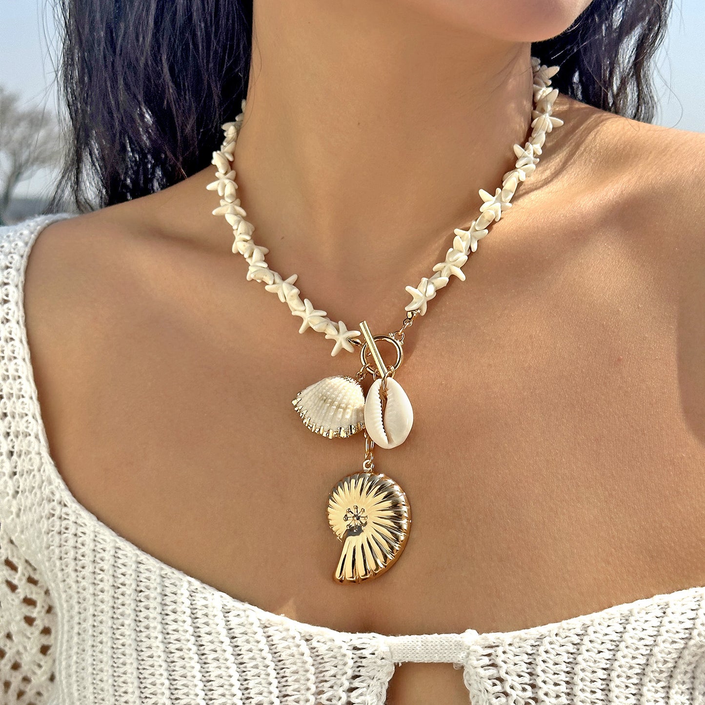 Women's Starfish Shell Beaded Imitation Pearl Layered Thick Necklaces