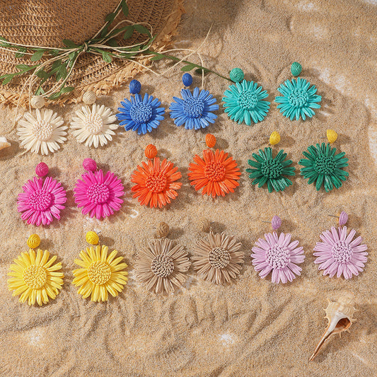 Bohemian Vacation Style Raffia Woven Sunflower Rings