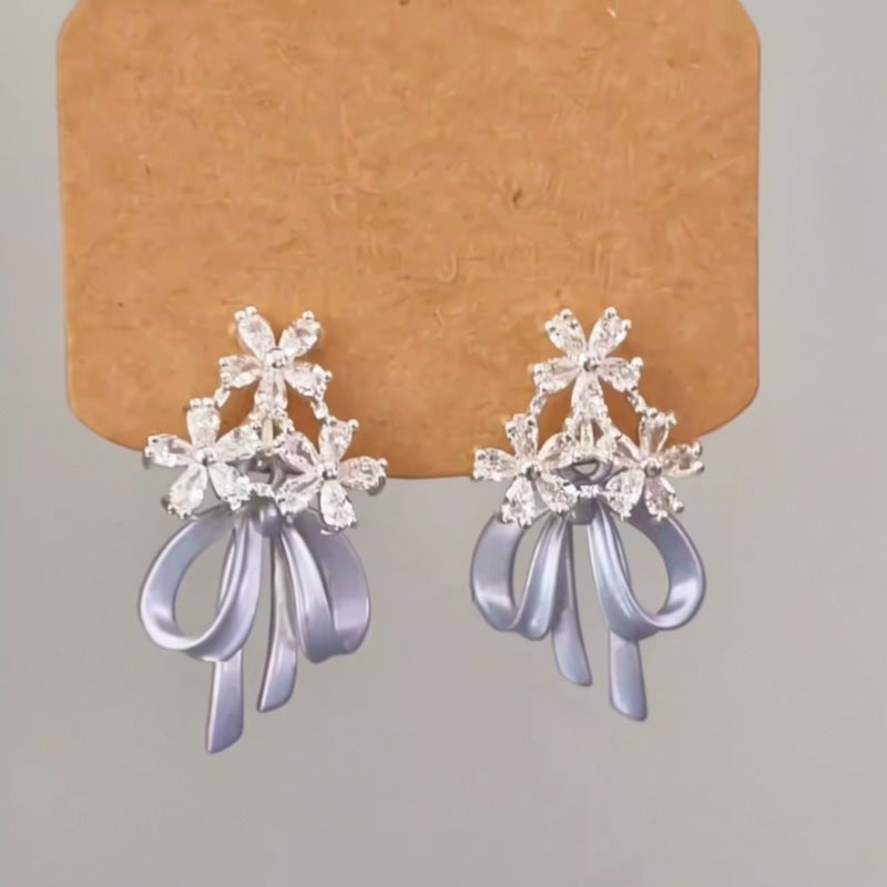 Sier Needle Drop Oil Zircon Flower Bow Simple Sweet Stud Earrings