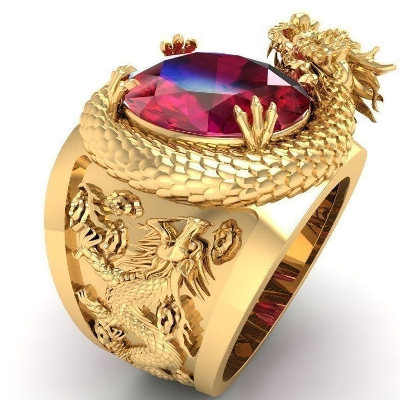 Gold Plated Domineering Dragon Inlaid Ruby Rings