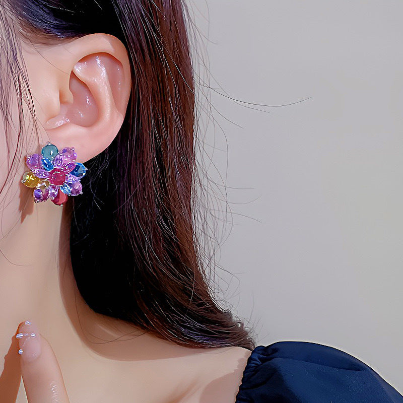 Women's Sier Needle Flower Color Zircon Mori Sweet Fashion Earrings