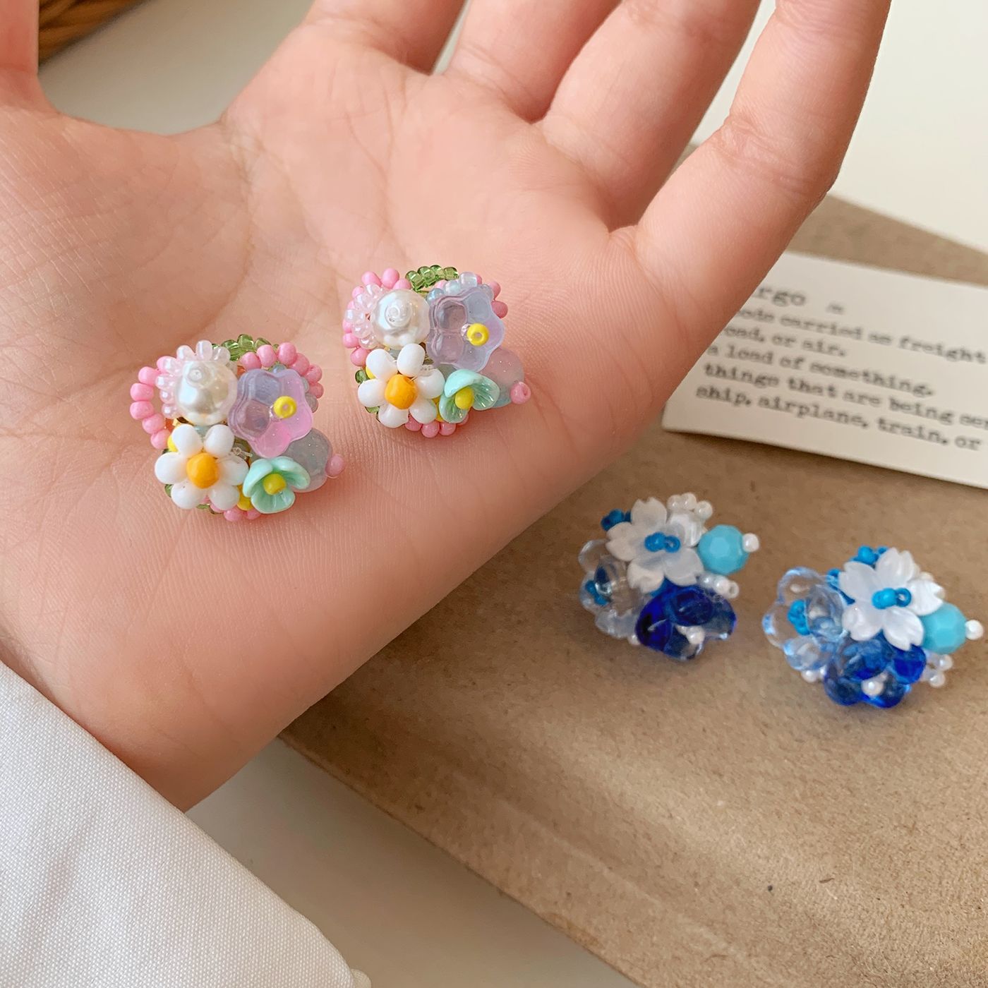 Sier Nail Blue Pink Bead Fashion Commuter Niche Earrings