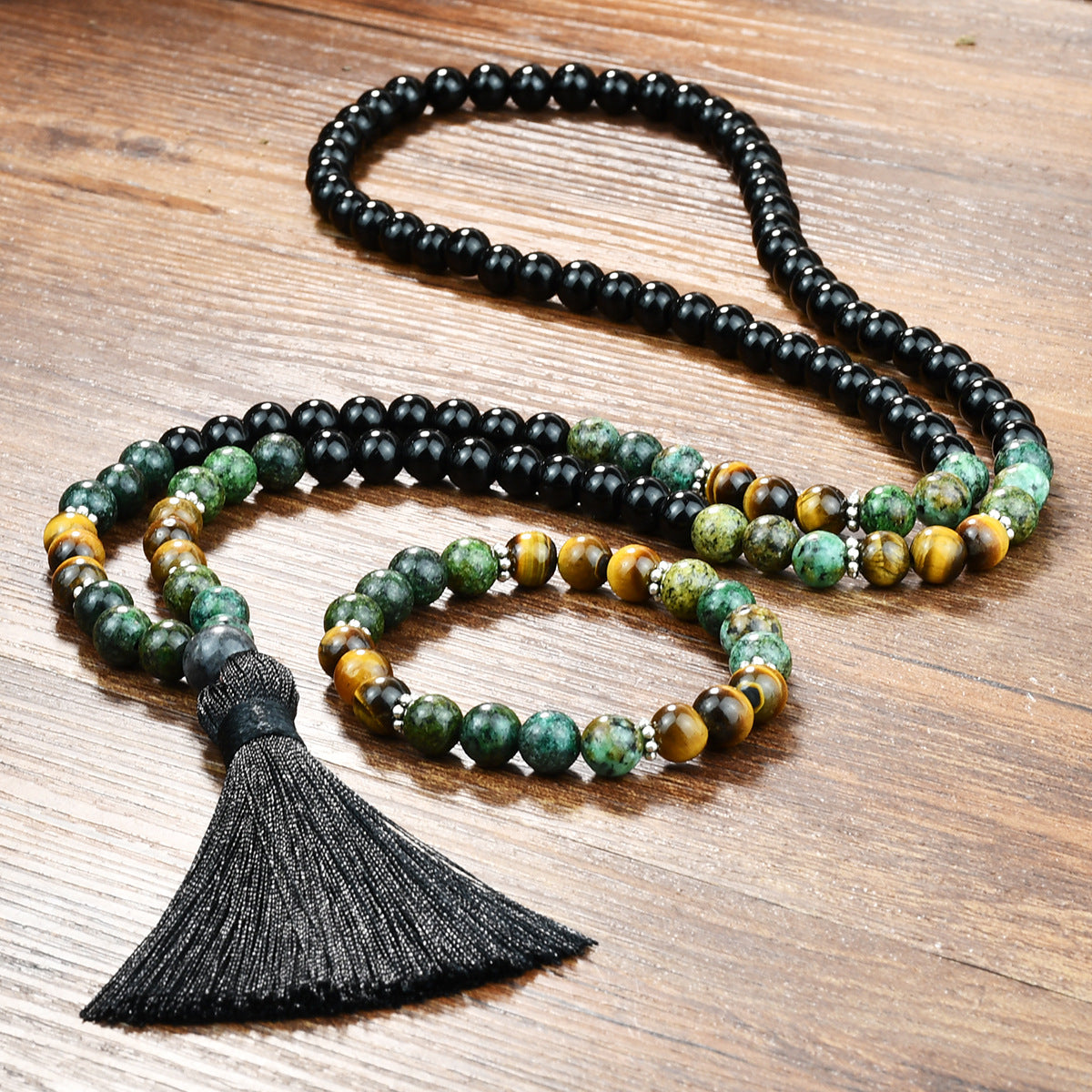 Women's Vintage Black Stone Natural Beaded Long Tassel Sweater Jewelry Set