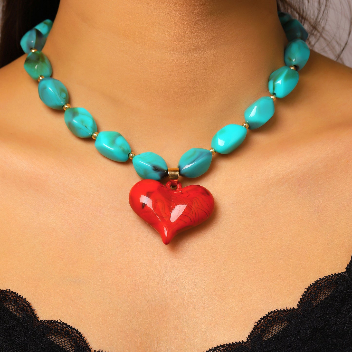 Dopamine Color Resin Big Heart Exaggerated Irregular Beaded Vacation Style Necklaces
