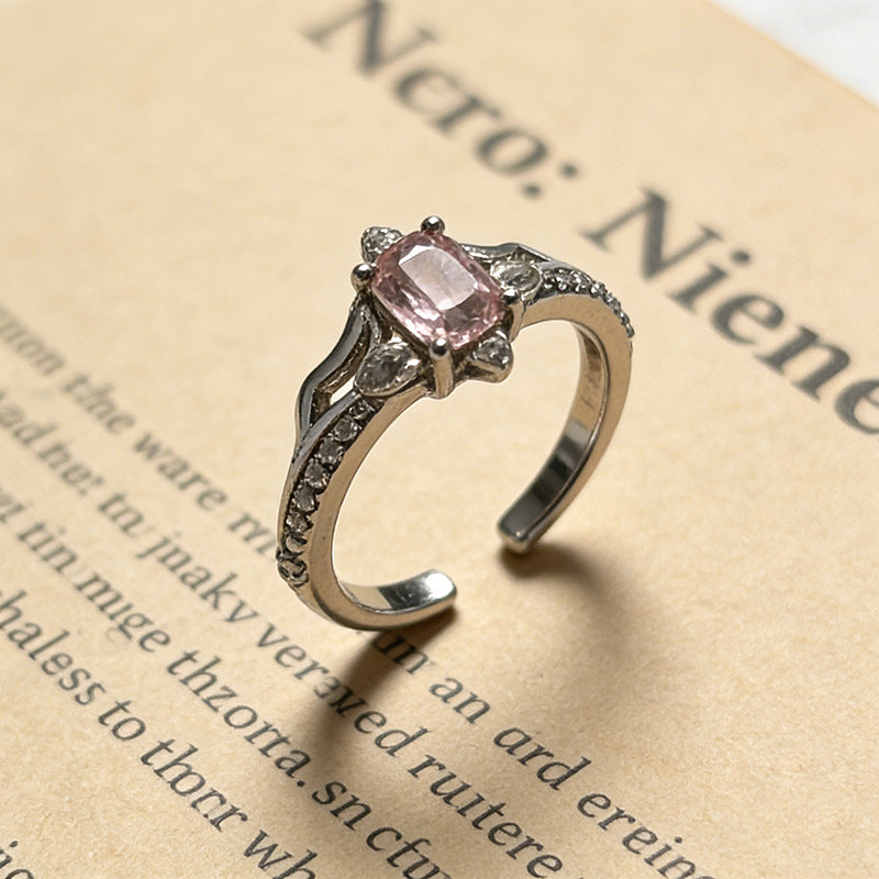 Women's Light Luxury Pink Diamond Square Niche Design Sweet Temperament Ring