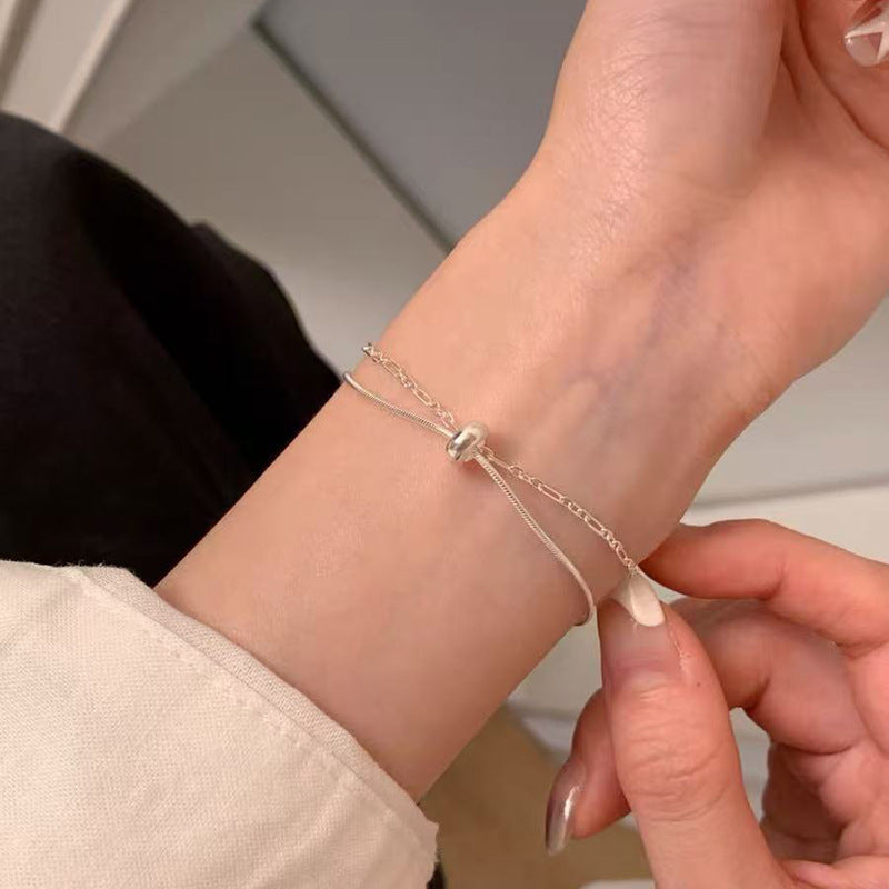 Women's Exquisite Sterling Sier Snake Bones Chain Ball Stitching Asymmetric Light Bracelet