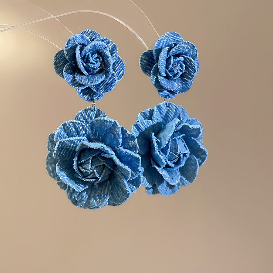 Women's Fresh Blue Fabric Flower Tassel Seaside Vacation Style Light Stud Earrings