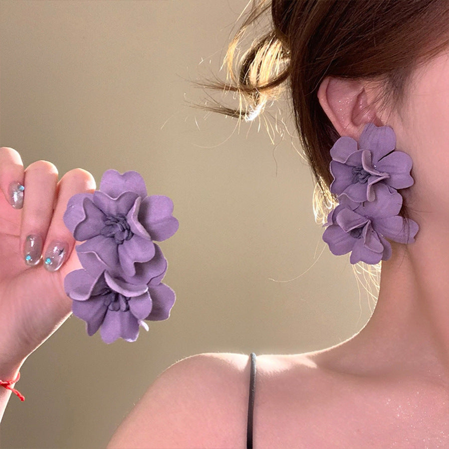 Square Round Face Purple Flower Super Fairy Atmosphere Mori Ear Stud Earrings