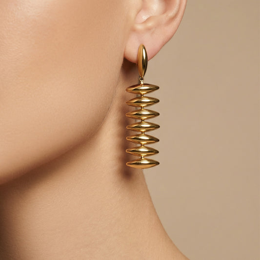 Women's Stainless Steel Beaded Long Real Gold Exaggerating Earrings