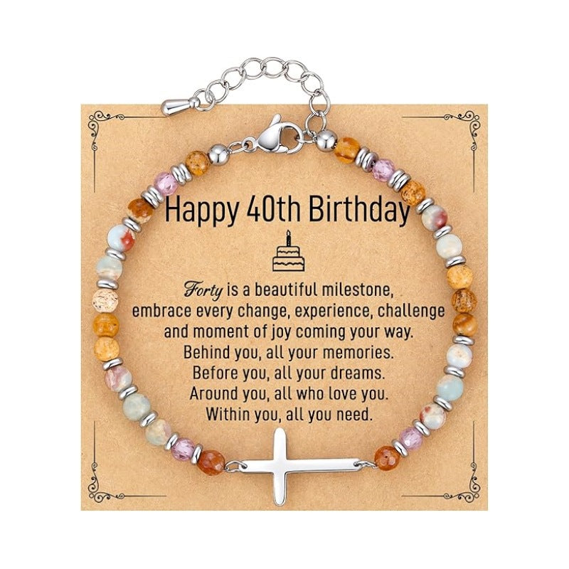 Women's Natural Stone Beaded Cross Lobster Buckle Adjustable Band Bracelet
