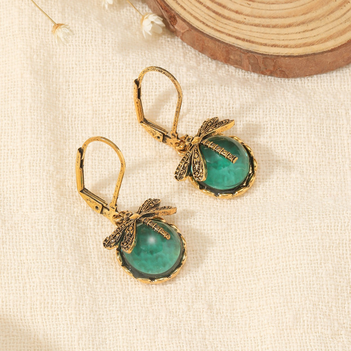 Women's Vintage Dragonfly Green Crystal Charm Party Earrings