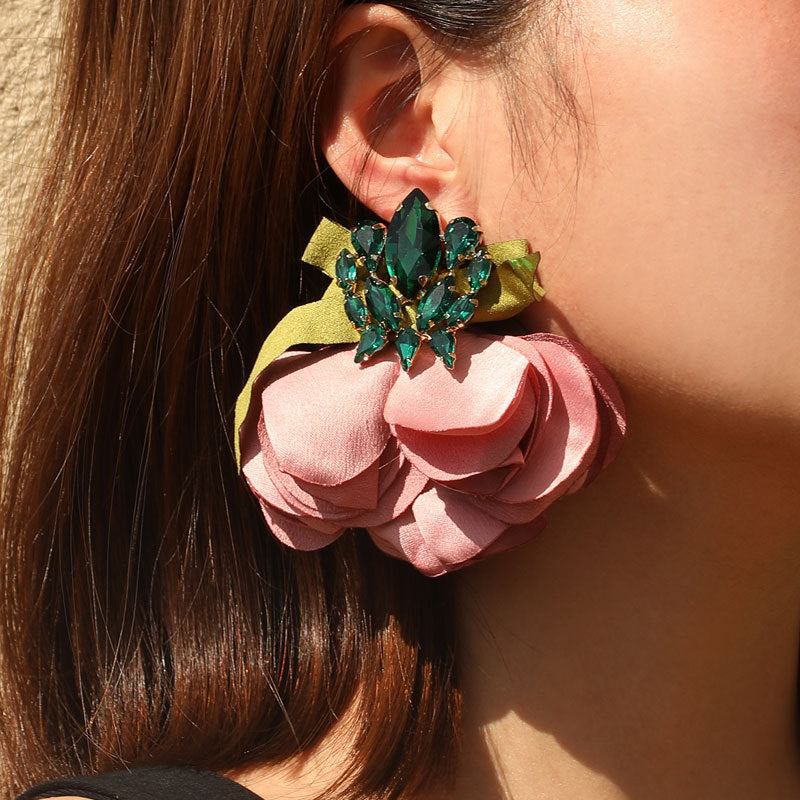 Handmade Fabric Crystal Flower Fashion Exaggerating Eardrops Earrings