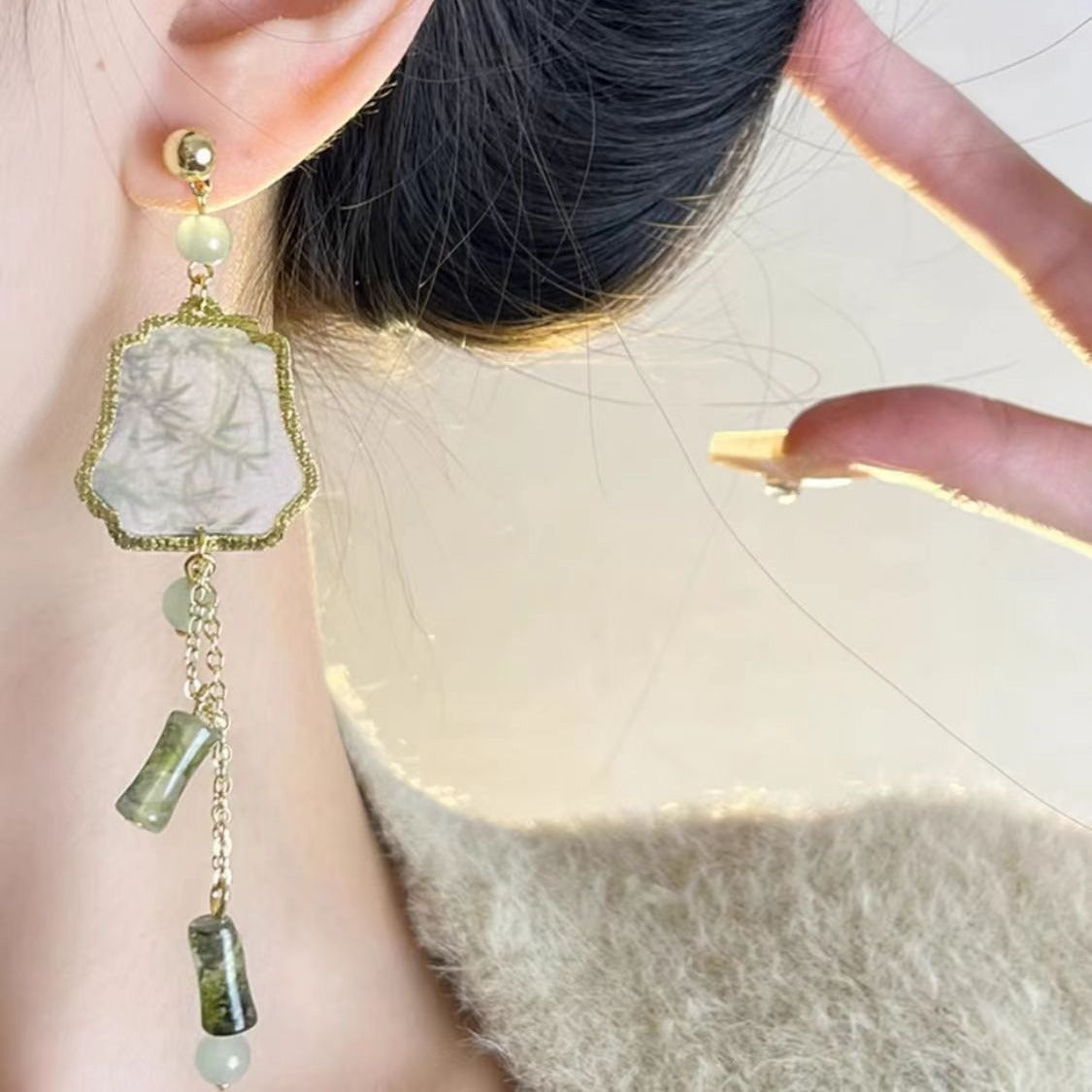 Women's Style National Fashion Enamel Long Tassel Ancient Jade Bamboo Flower Stud Earrings