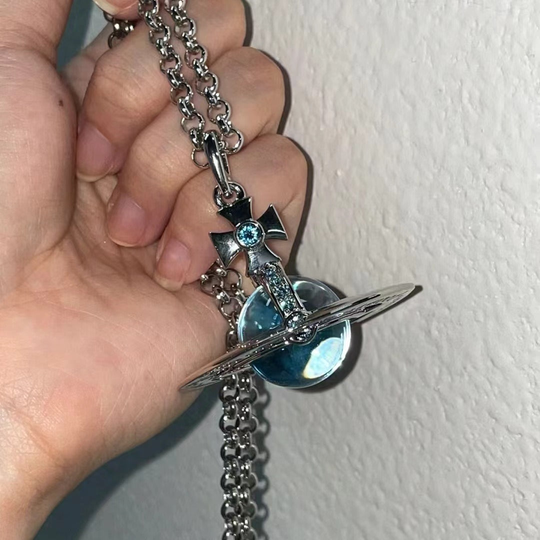 Blue Large Medium Three-dimensional Saturn Ufo Necklaces