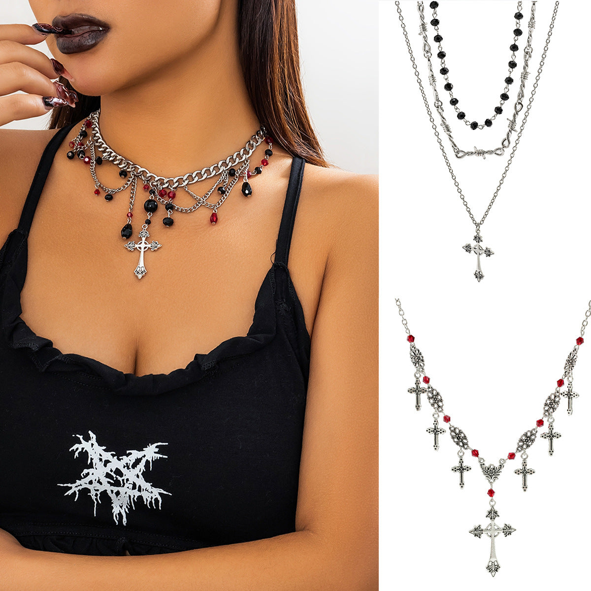 Women's Cross Retro Gothic Style Blood Drop Tassel Thorn Necklaces