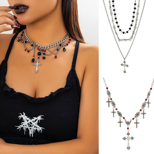 Women's Cross Retro Gothic Style Blood Drop Tassel Thorn Necklaces