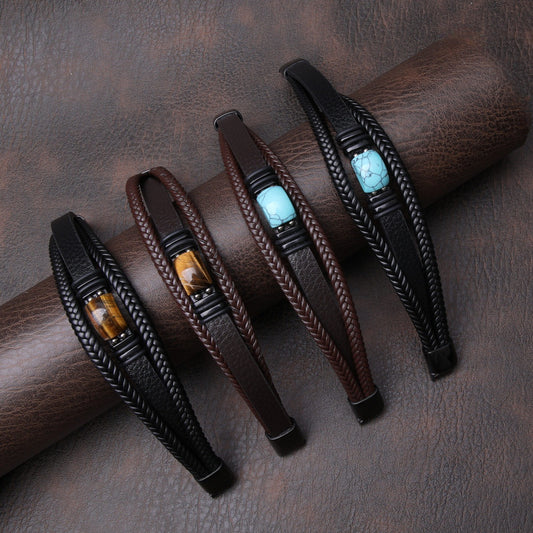 Men's Rope Leather Stone Magnetic Buckle Bracelets