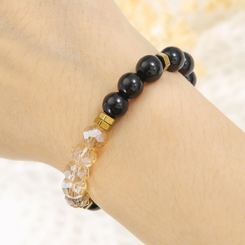 Men's Unisex Black Agate Cut Crystal Combination Bracelets