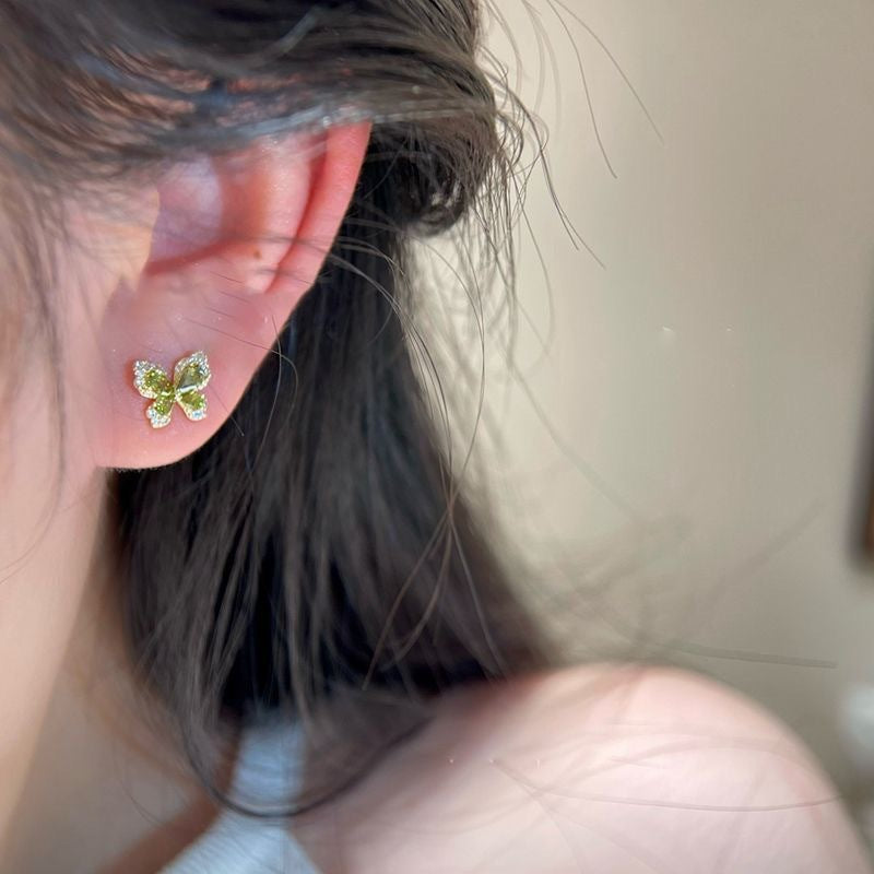 Temperament Entry Lux Full Diamond Green Crystal Butterfly Light Luxury Earrings