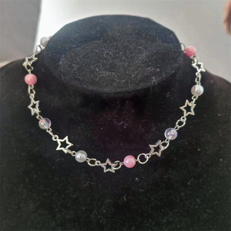 Pop Punk Hollow Pentagram Imitation Pearl Necklace