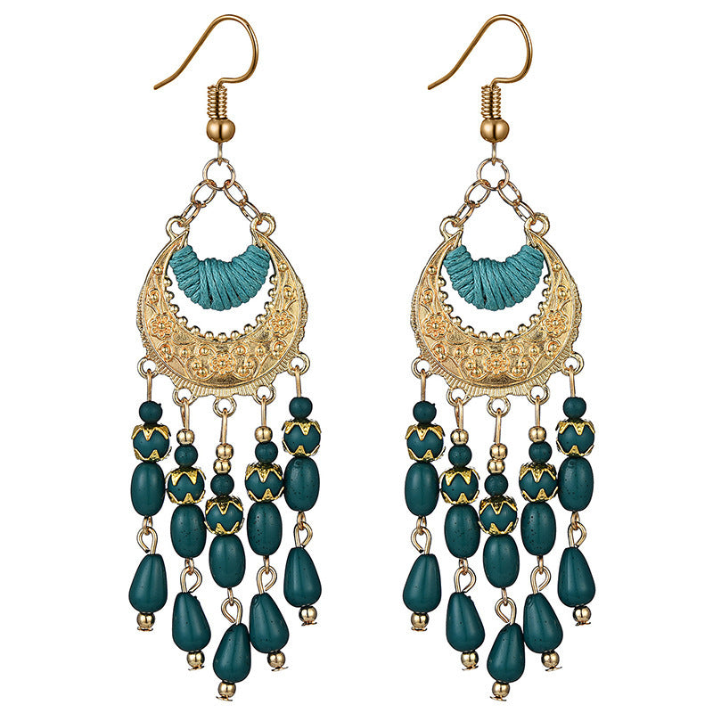 Bohemian Ethnic Style Long Retro Tassel Bead Stud Earrings