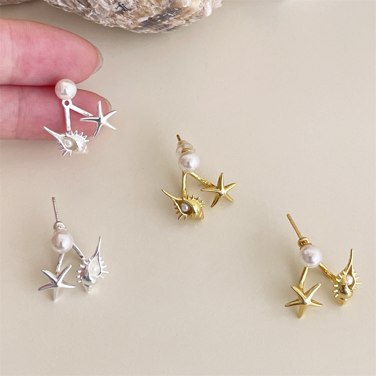 Women's Sier Pearl Unique Niche Starfish Conch Design Earrings