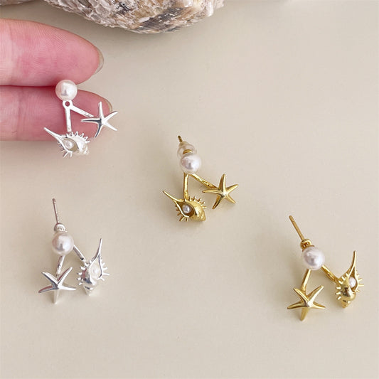 Women's Sier Pearl Unique Niche Starfish Conch Design Earrings