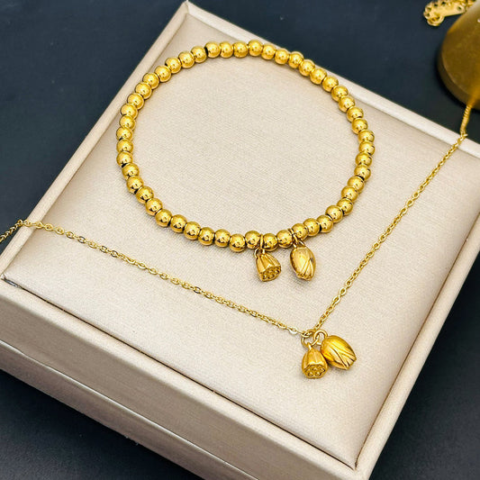 Two Lotus Clavicle Chain Light Luxury Personality Female Titanium Steel Jewelry Set