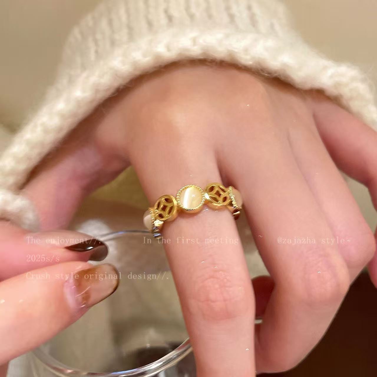 Gold Dynasty Five Coins Opal Female Light Luxury High Rings