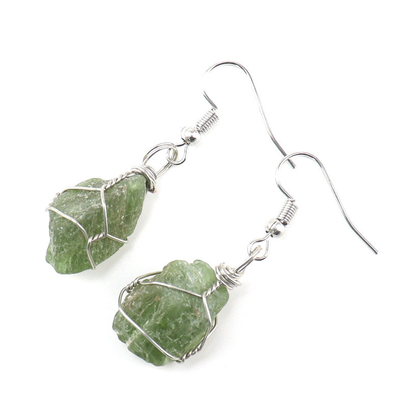 Women's Handmade Sier Winding Natural Stone Rough Crystal Agate Earrings