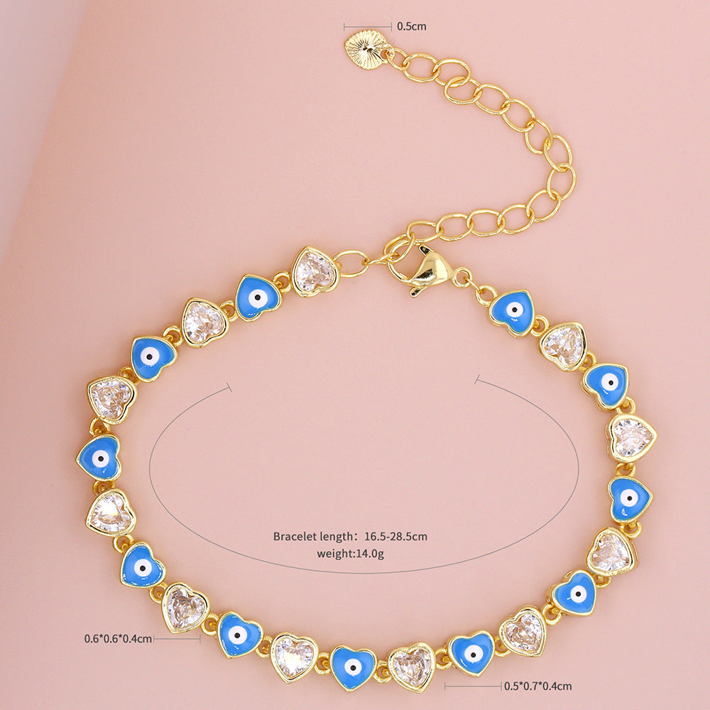 Heart-shaped Devil's Eye Zircon Micro Inlaid Electroplated Dripping Oil Fashion Bracelet