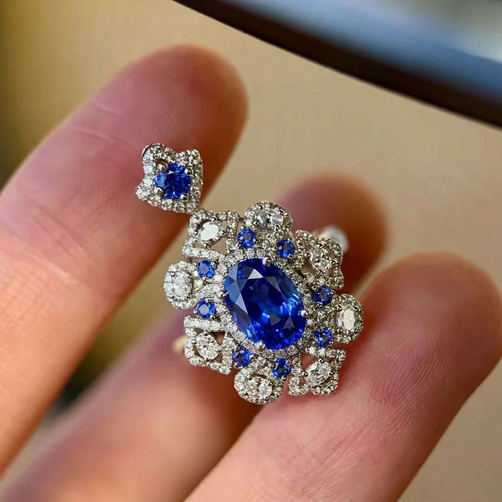 Women's Live Broadcast Secret Garden Romantic Pink Corundum Full Diamond Blue Jewelry Set