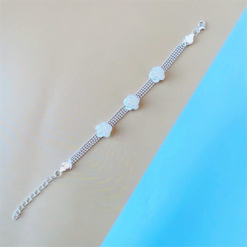 Vintage Sweater Chain Long Rose Flower Brushed Sier Plated Tourist Jewelry Set