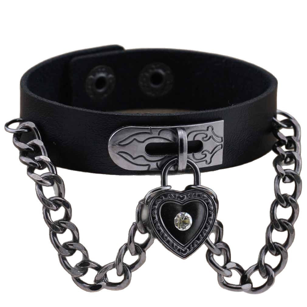 Punk Style Heart-shaped Lock Chain Adjustable Leather Wrist Bracelet