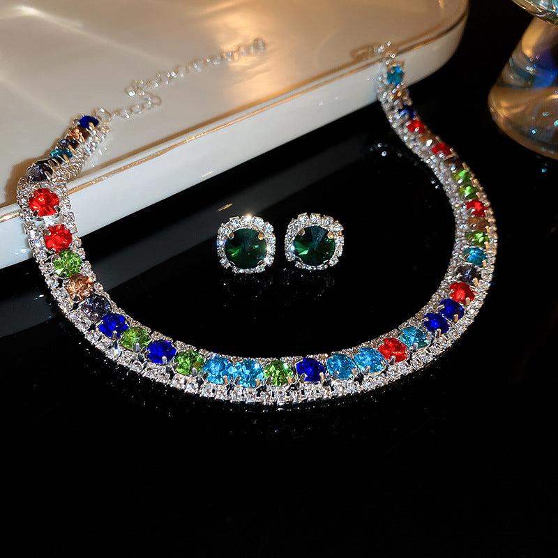 Colorful Diamond Geometric Square Ear Fashion Short Light Jewelry Set