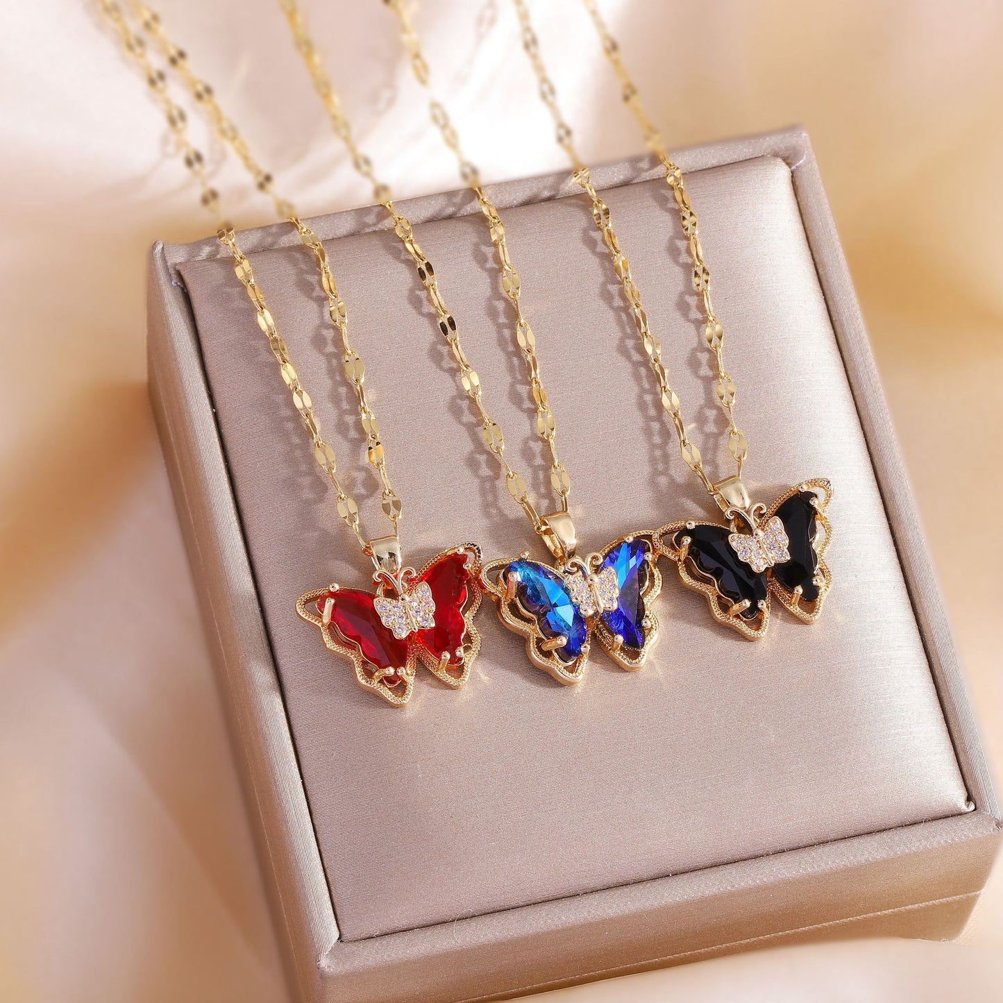 Women's Color Crystal Butterfly Titanium Steel Fashionable Necklaces