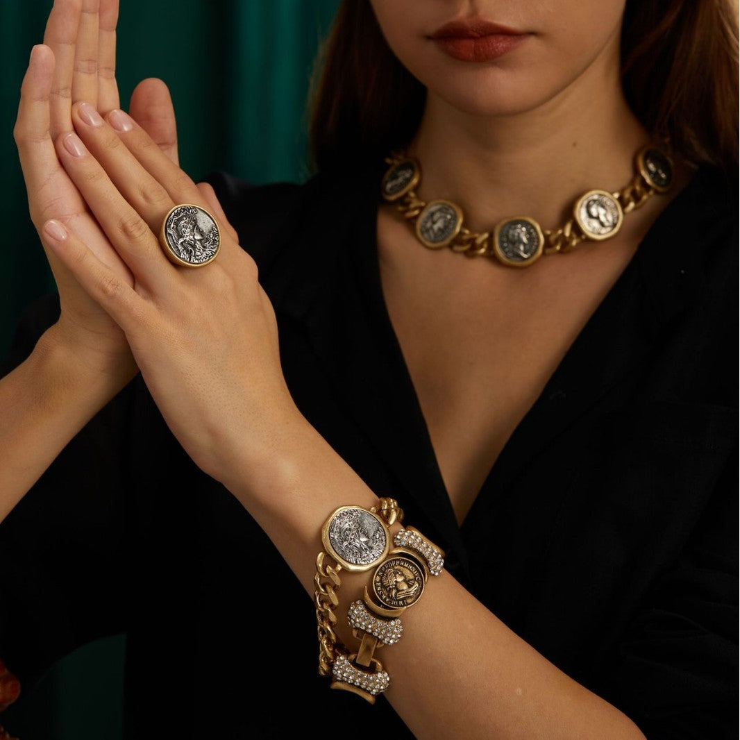 Vintage Summer Antique Coin Avatar Wide Distressed Diamond Copper Plated Bracelets