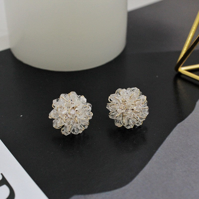 Sier Needle Handmade Round White Crystal Floral Ball Fairy Earrings