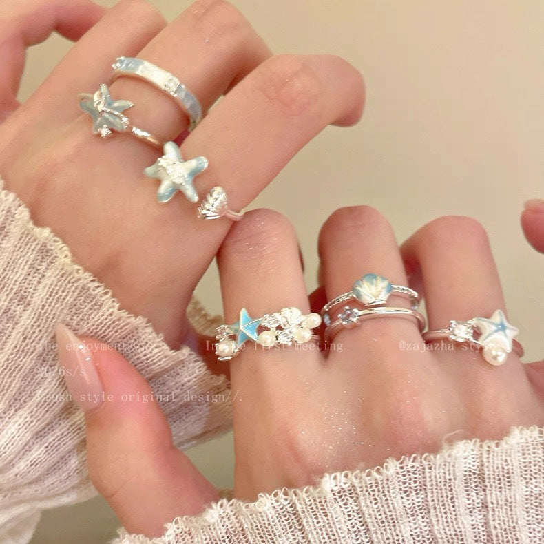 Milk Shell Blue Starfish Open For Ring