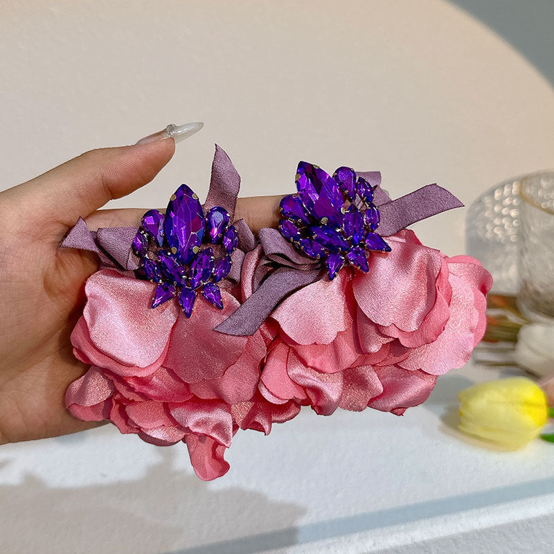 Handmade Fabric Crystal Flower Fashion Exaggerating Eardrops Earrings