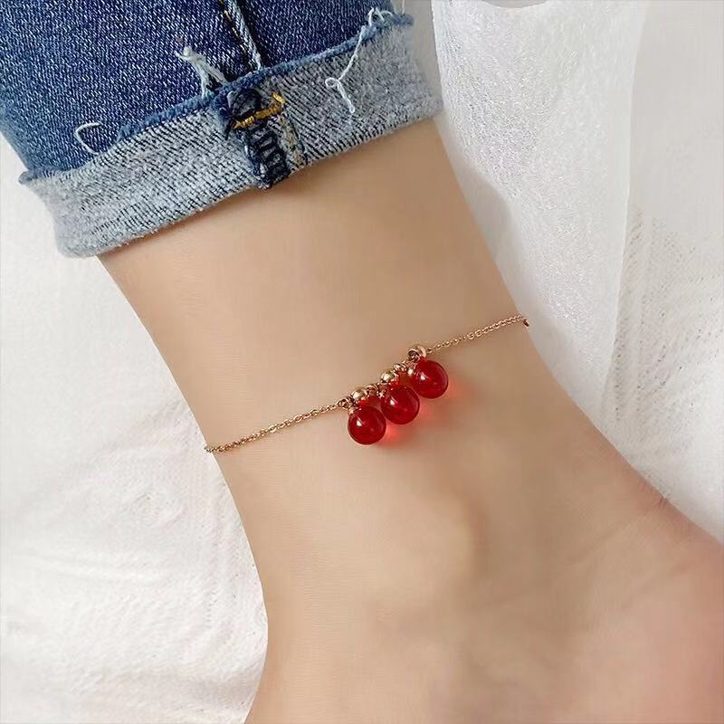 Women's Steel Rose Gold Three Red Beads Simple Bracelet
