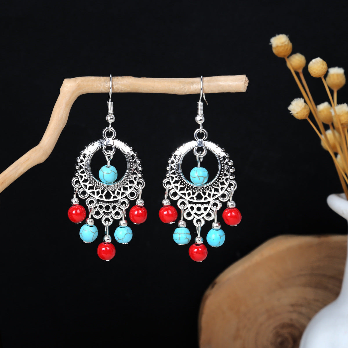Miao Sier Colorful Long Feather Tassel Rings